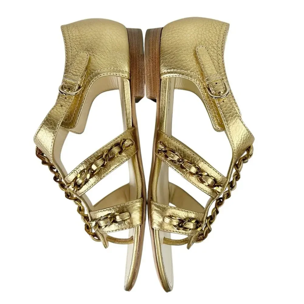 CHANEL Gold Metallic Leather Chain Accent Interlocking CC Flat Sandals